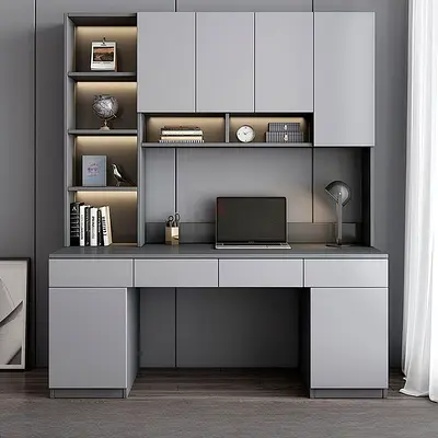 Modern Grey Home Office Desk with Overhead Cabinets and Shelves