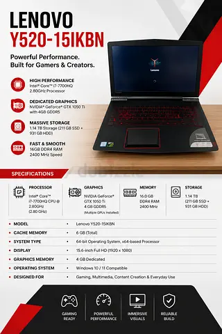 Lenovo Y520-15IKBN Gaming Laptop - i7, GTX 1050 Ti, 16GB, 1TB+256GB