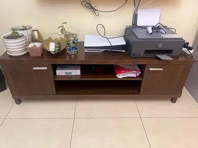 Wooden TV/Entertainment console - Dark Brown, 2 Doors, Open Shelves