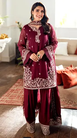 Maroon Embroidered Pakistani Shalwar Kameez - Medium/Large
