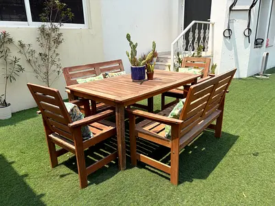 Solid Wood Outdoor Dining Set - Table with 2 Benches and 2 Chairs