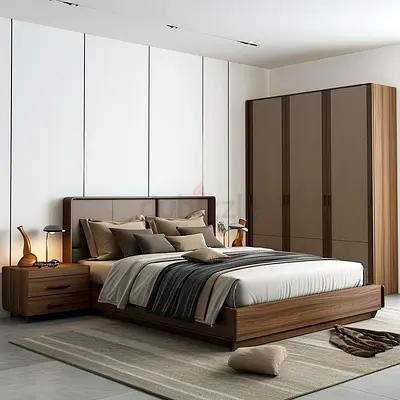 Modern wooden bedroom set with bed, nightstand and wardrobe