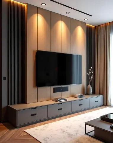 Low modern TV cabinet with storage drawers - gray finish