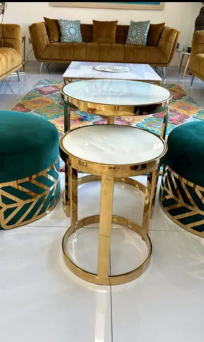 Set of 2 Nesting Gold & Marble Top Side Tables - Excellent Condition