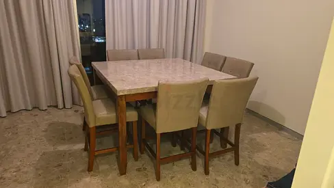 Solid Wood Dining Table with 6 Upholstered Chairs - Marble Top
