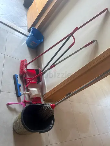 Household mop and cleaning set with bucket, broom and squeegee