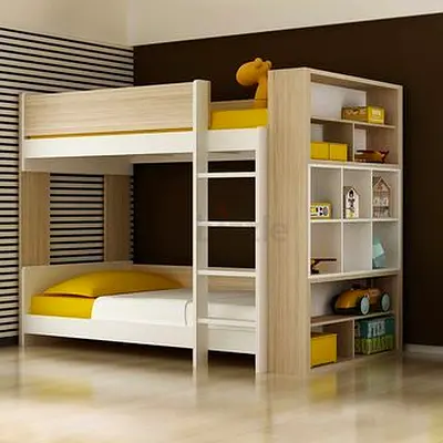 Modern wooden bunk bed with built-in shelves and ladder