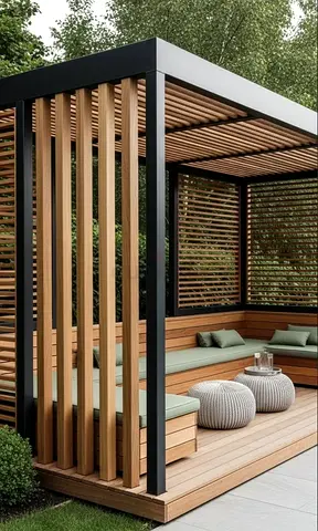 Modern wooden pergola with built-in seating