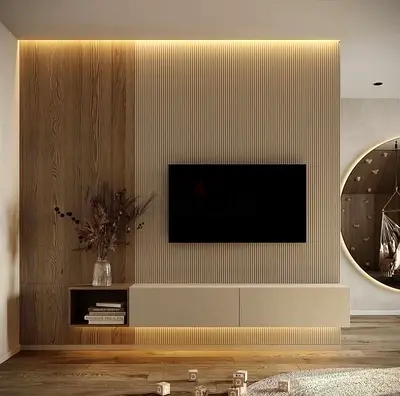 Modern wall-mounted entertainment unit with LED lighting