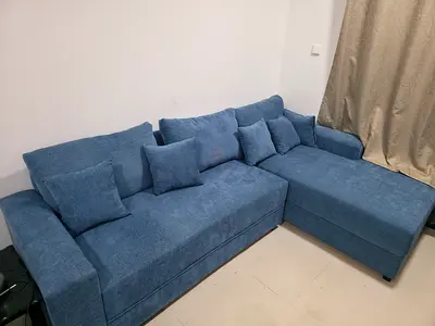 Blue L-shaped Fabric Sofa with Chaise - Good Condition, nearly unused