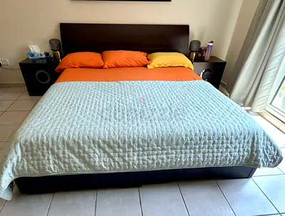 King size bed frame with headboard and matching nightstands (set) with mattress