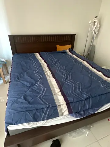Dark wood double bed frame with headboard - good condition