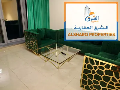 For rent: Two-bedroom apartment in Residence Towers, Ajman Corniche, direct sea view, balcony, master bedroom, parking, gym, swimming pool, 65,000 unf