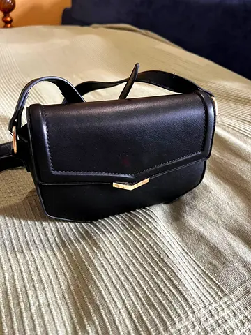 Black Crossbody Bag - Small Flap Shoulder Bag, Gold Trim