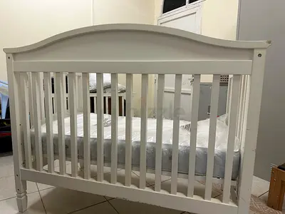 White Wooden Baby Crib with Mattress - Good Condition