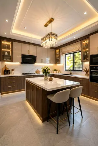 Modern wooden kitchen island with marble top and pendant lighting