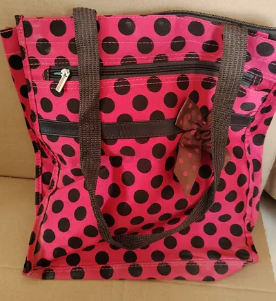 Pink and black polka dot tote bag with bow - good condition