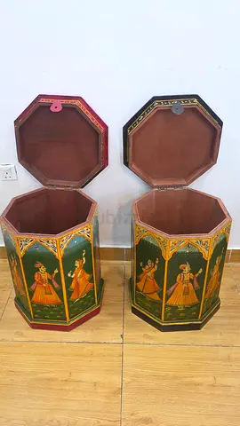 Pair of Hand-Painted Rajasthani Wooden Storage Chests / Side Tables – Vintage Indian Decor
