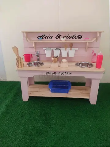 Wooden Mud Kitchen Playset - Pink, Double Sink, Outdoor Pretend Play size 130x60 customized ossible