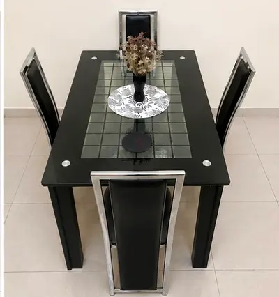 Black Glass Dining Table with 4 High-Back Chairs - Modern Set