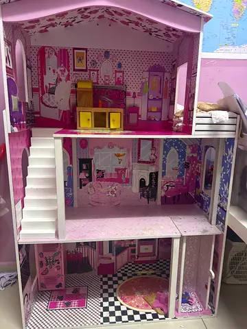 Large Pink Wooden Dollhouse with Multiple Rooms and Staircase all the furniture is available  double
