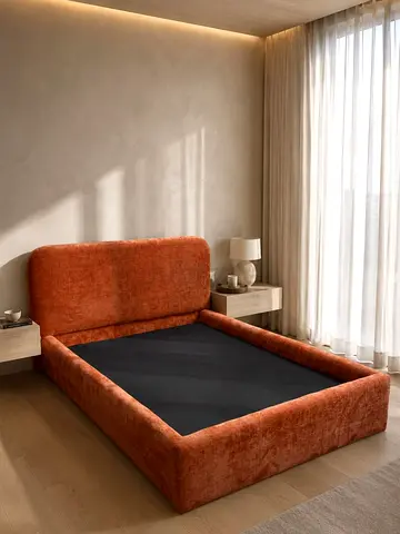 Modern Upholstered Bed Frame in Rust Orange