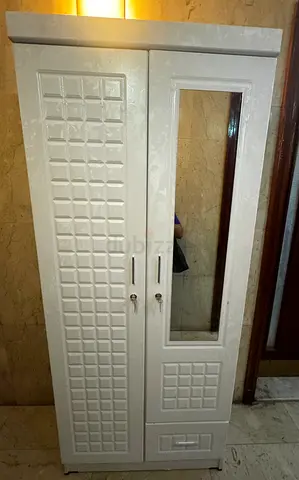 White Wooden Wardrobe with Mirror - 2 Door, very Good Condition