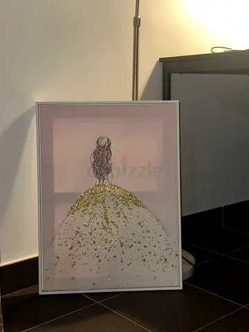 Framed Art Print of Woman in Gold Dress (Pink Background)