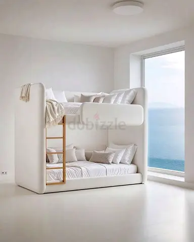 Modern white upholstered bunk bed with ladder