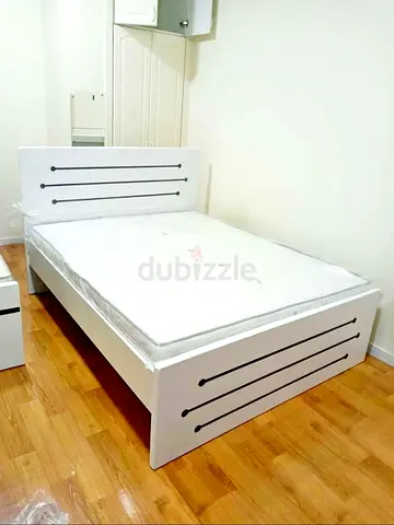 Queen size white wooden bed frame with mattress - brand new