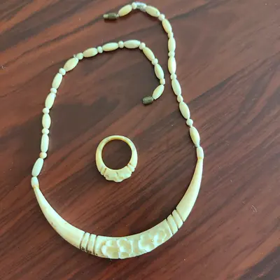 Beaded Cream Necklace and Matching Carved Ring Set