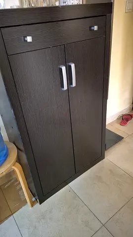 Dark Wood Tall Shoe Cabinet with Drawer — Good Condition