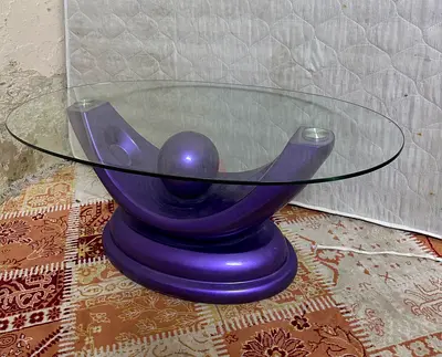 Unique purple glass-top coffee table and center table with sculpted base