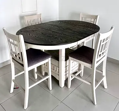 Solid Wood Round/Oval Extendable Dining Table with 4 Chairs - White & Dark Top
