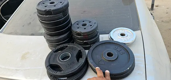 Set of assorted weight plates for home gym (several 1.25kg–5kg plates)