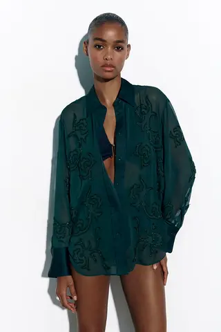 Zara Limited Edition Bottle Green Shirt With Beads Embroidery