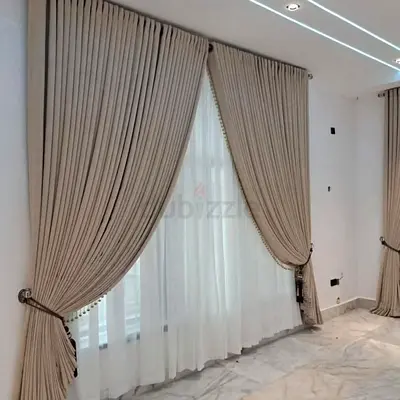 Beige Full-Length Pleated Curtains with Sheer Panels - Pair