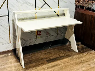 IKEA White Modern Writing Desk with Raised Back Shelf