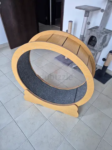 Wooden circular cat scratch wheel with carpeted interior