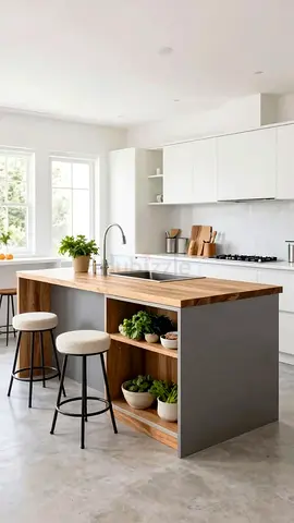 Modern kitchen island with wooden countertop and storage