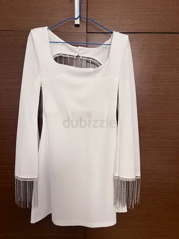 White Long Sleeve Dress with Fringed Tassled Cuffs