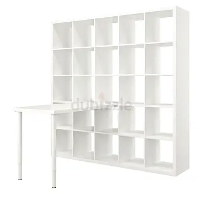 White Modular Shelf Unit with Attached Desk - Spacious Cube Storage