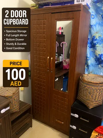 2-Door Wooden Cupboard with Mirror - Good Condition