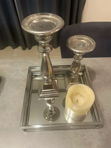 Mirrored Tray with Decorative Silver Candle Holders and Candle