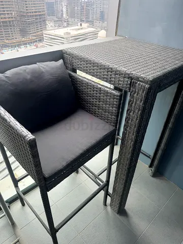 Grey Wicker High Table and Two Chairs + Cushions