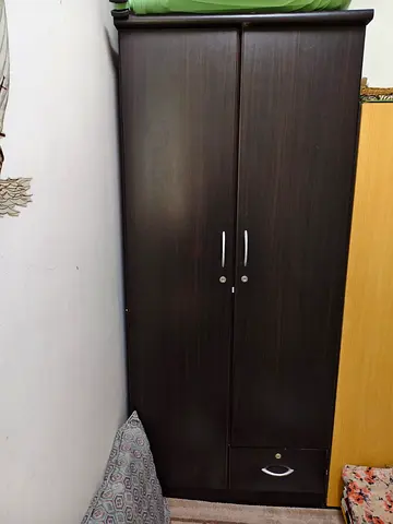 Dark Wood 2-Door Wardrobe with Drawer - Good Condition and White sliding door Cupboard