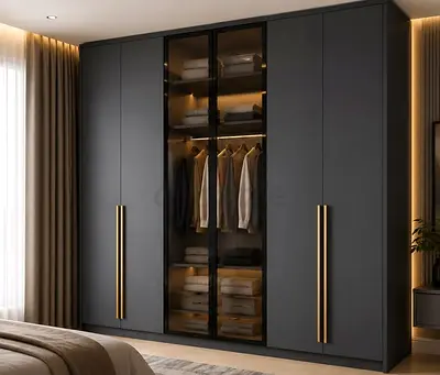 Modern Matte Black 6-Door Wardrobe with Glass Center Display