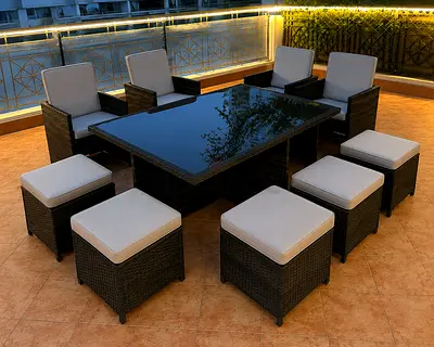 Premium Outdoor Rattan Dining Set – Large Table + 6 Chairs + 6 Footrests