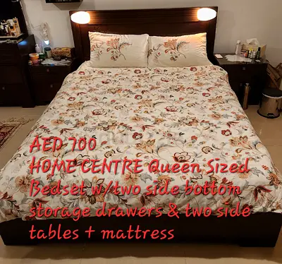 Queen bed set with mattress, headboard lights and bedside tables - Home Centre