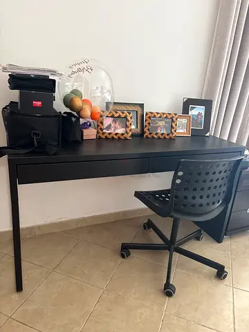 Simple black writing desk with swivel office chair - good condition